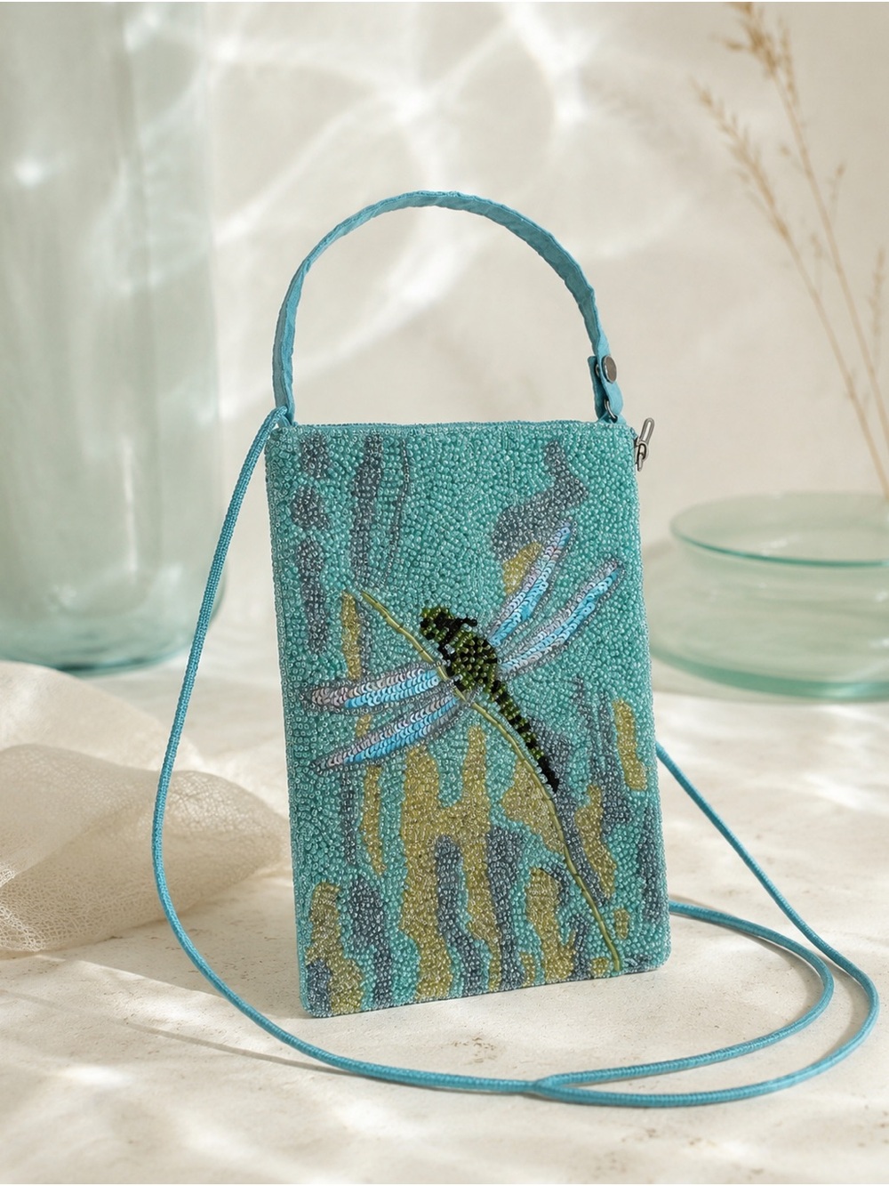 Bamboo Trading Co Beaded Dragonfly Crossbody Bag Y2K Boho Fairycore Aqua Purse